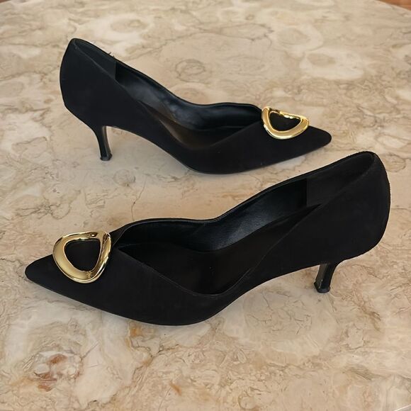 Hogl Suede Leather Kitten Heels Gold Tone Buckle 6-6.5 - Picture 4 of 13